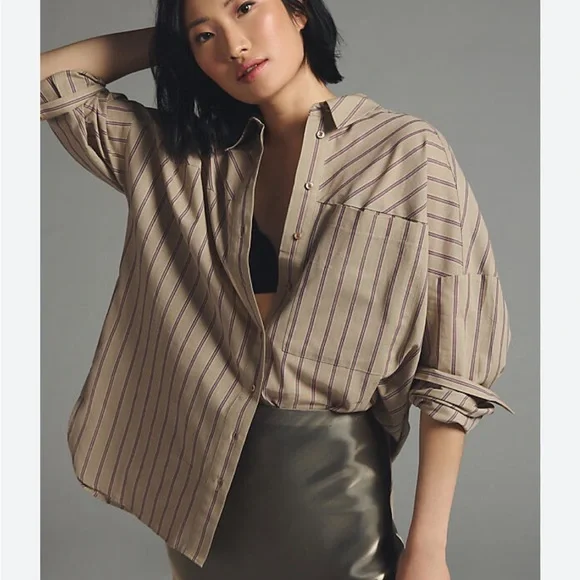 BOGO! Anthropologie Pilcro Boyfriend Button Down Oversized Tan Stripe Size XS - Picture 1 of 9